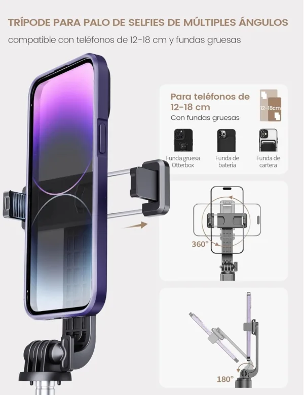 ANXRE Palo Selfie con Control Remoto,Giratorio de 360° Trípode para Movil Rripe, 106cm Telemovel Palo Selfie Tripode Compatible con iPhone Samsung Android Smartphone - Imagen 5