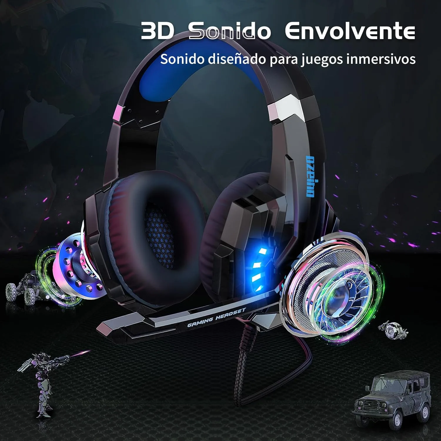 Ozeino Cascos Gaming para Ps4 Ps5 PC Switch Xbox, Auriculares Gaming con Sonido 3D Estéreo Micrófono de Cancelación de Ruido Luz RGB, Cascos con Cable para Laptop Teléfono Mac - Imagen 2