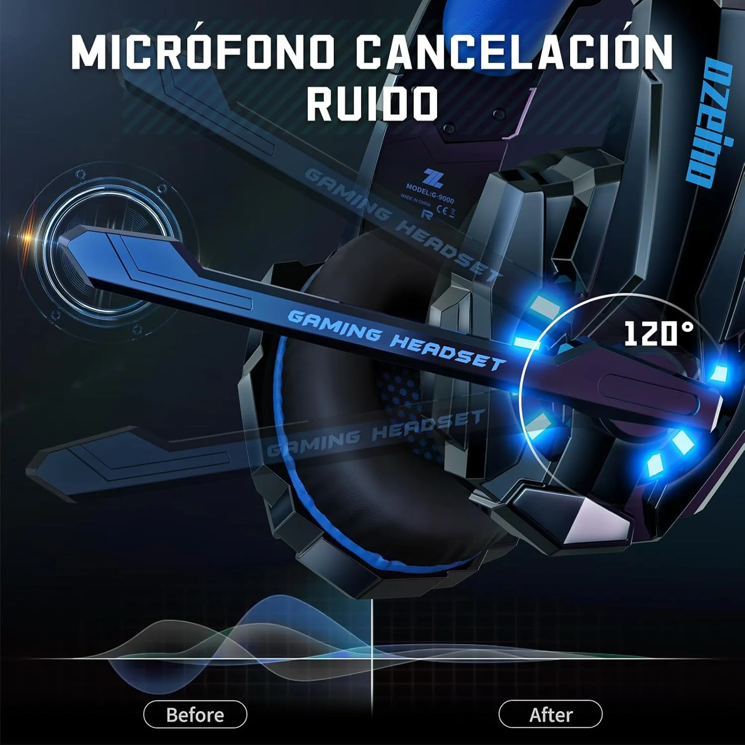 Ozeino Cascos Gaming para Ps4 Ps5 PC Switch Xbox, Auriculares Gaming con Sonido 3D Estéreo Micrófono de Cancelación de Ruido Luz RGB, Cascos con Cable para Laptop Teléfono Mac - Imagen 3