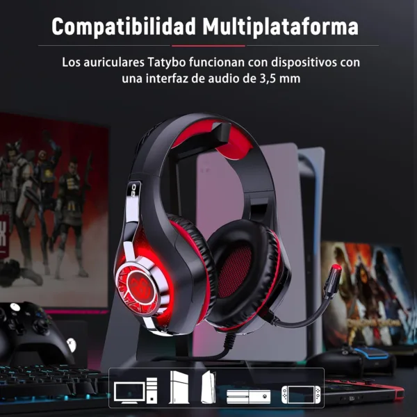 Tatybo Cascos Gaming, Auriculares Gaming con Graves Envolventes 3D, Micrófono Reducción De Ruido Y Almohadillas De Proteína, para Ps4 Ps5 Xbox PC Laptop - Imagen 6