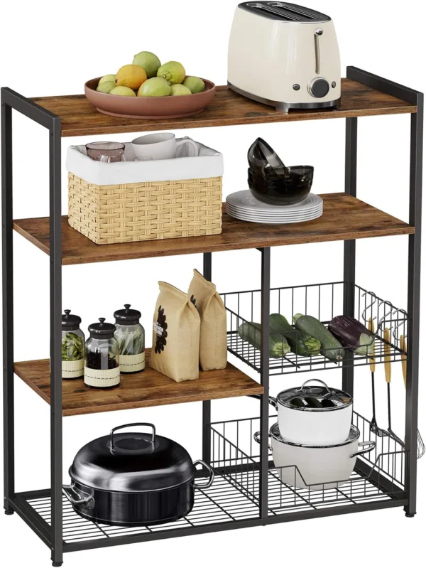 VASAGLE Estantería de Cocina con 2 Cestas de Malla Metálica, Estantería para Microondas, con Estantes y Ganchos, 35 x 80 x 95 cm, Estilo Industrial, Marrón Rústico y Negro Tinta KKS96X