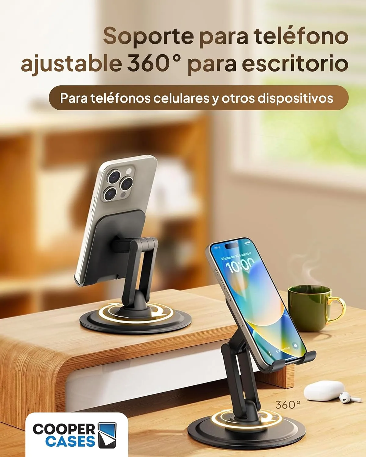 COOPER 360° Stand - Soporte Movil para Mesa Ajustable | Rotación de 360° con Clic, Múltiples Ángulos, Base Metálica No Deslizante, Plegable y Portátil | Soporte Movil Cama, Soporte iPhone (Negro) - Imagen 2
