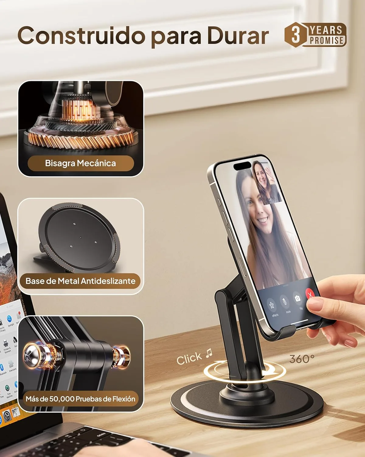 COOPER 360° Stand - Soporte Movil para Mesa Ajustable | Rotación de 360° con Clic, Múltiples Ángulos, Base Metálica No Deslizante, Plegable y Portátil | Soporte Movil Cama, Soporte iPhone (Negro) - Imagen 4