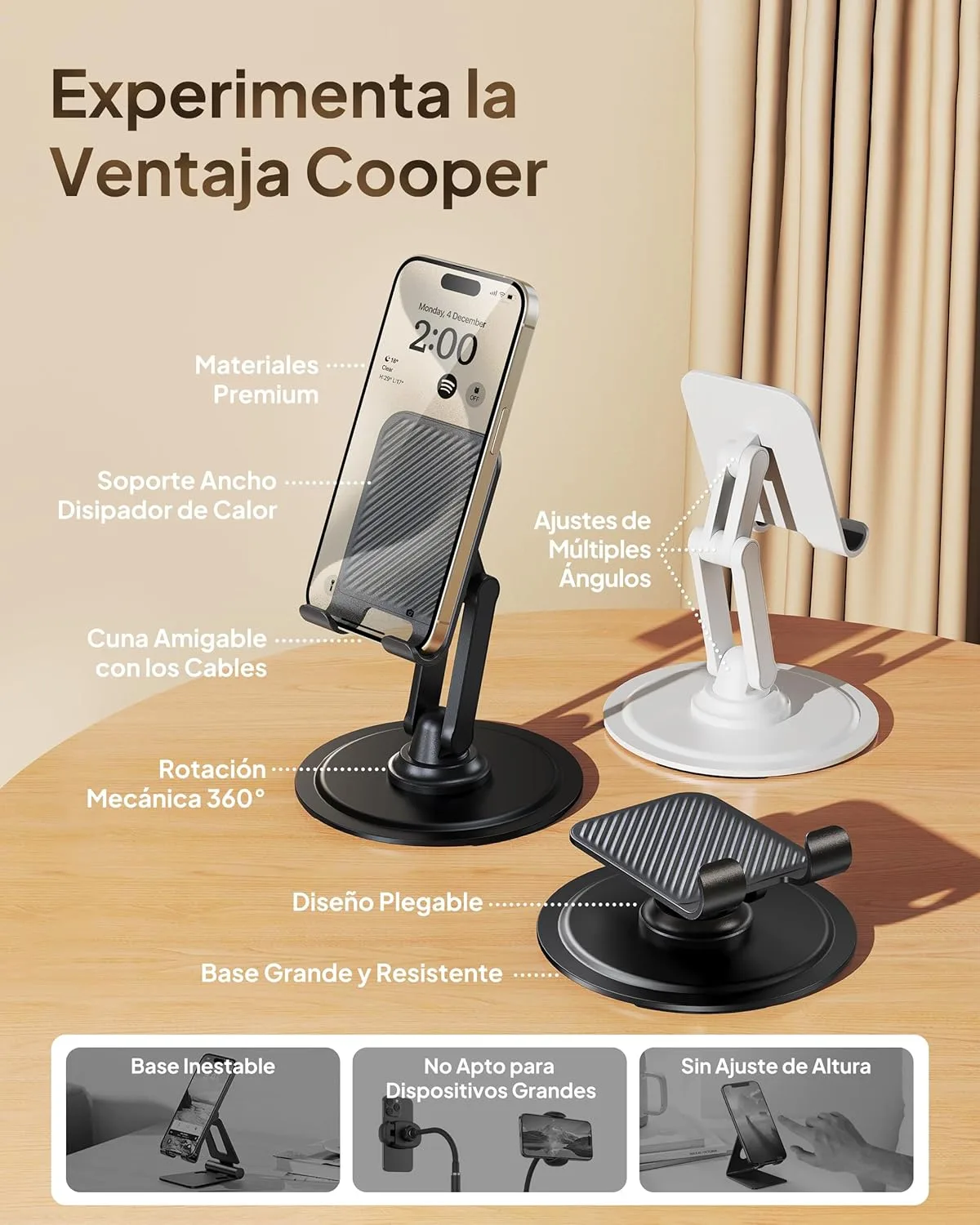 COOPER 360° Stand - Soporte Movil para Mesa Ajustable | Rotación de 360° con Clic, Múltiples Ángulos, Base Metálica No Deslizante, Plegable y Portátil | Soporte Movil Cama, Soporte iPhone (Negro) - Imagen 6