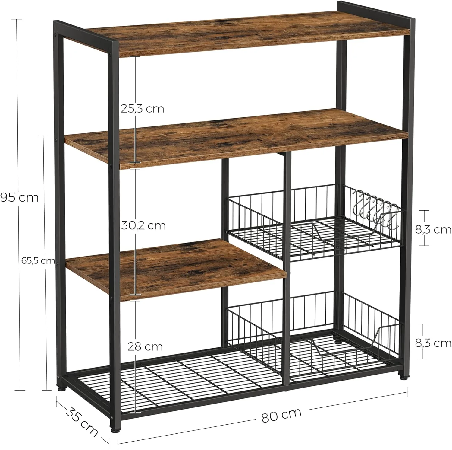 VASAGLE Estantería de Cocina con 2 Cestas de Malla Metálica, Estantería para Microondas, con Estantes y Ganchos, 35 x 80 x 95 cm, Estilo Industrial, Marrón Rústico y Negro Tinta KKS96X - Imagen 3