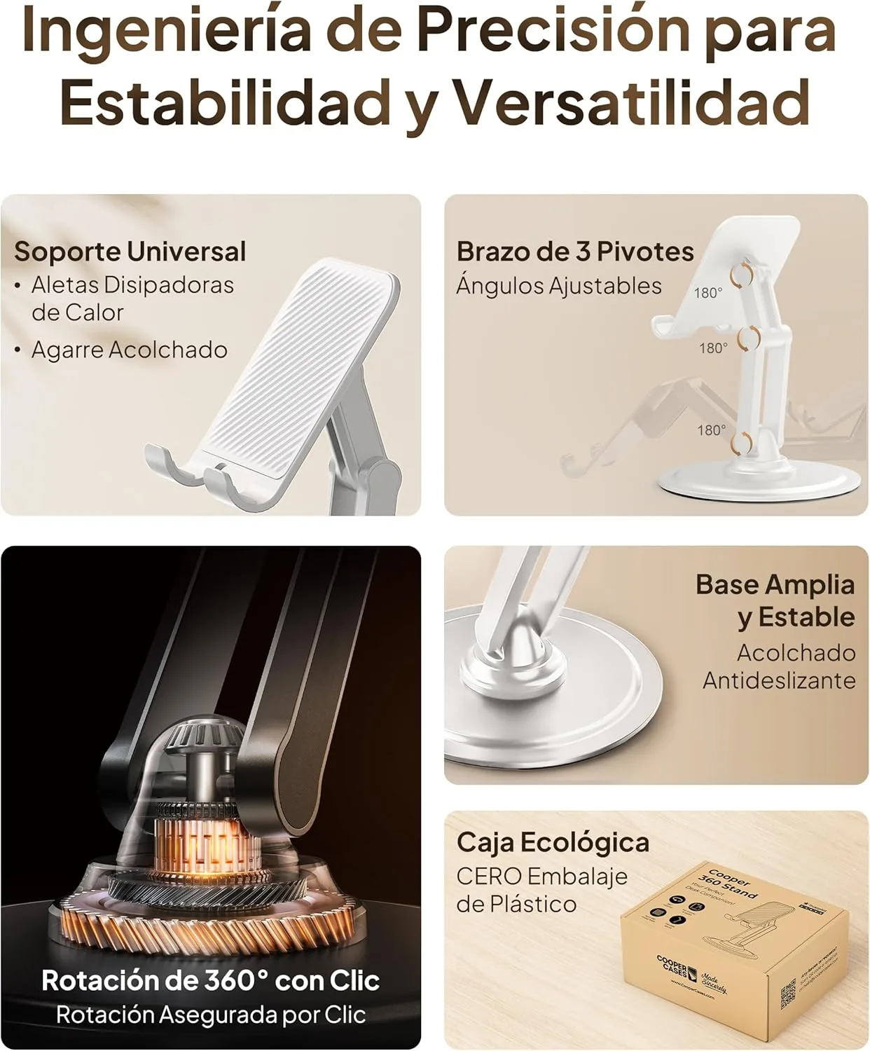 COOPER 360° Stand - Soporte Movil para Mesa Ajustable | Rotación de 360° con Clic, Múltiples Ángulos, Base Metálica No Deslizante, Plegable y Portátil | Soporte Movil Cama, Soporte iPhone (Negro) - Imagen 3
