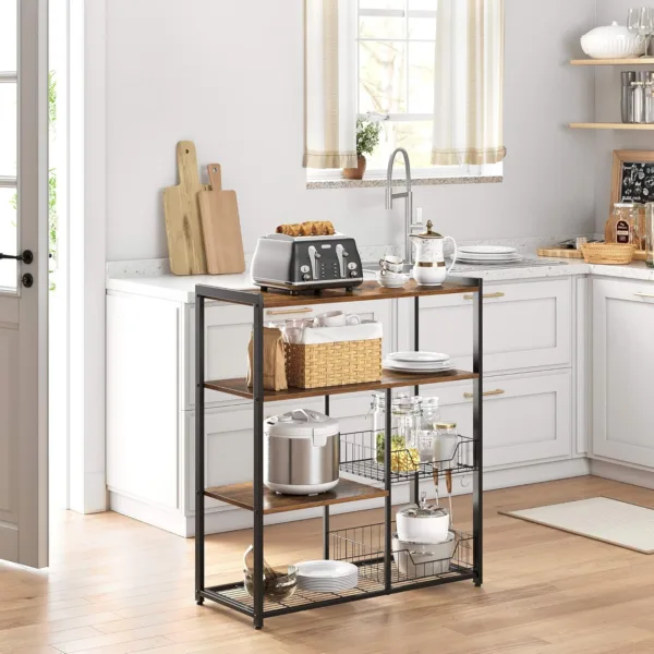 VASAGLE Estantería de Cocina con 2 Cestas de Malla Metálica, Estantería para Microondas, con Estantes y Ganchos, 35 x 80 x 95 cm, Estilo Industrial, Marrón Rústico y Negro Tinta KKS96X - Imagen 2