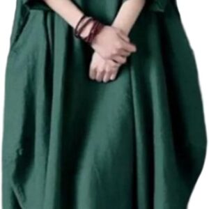 MOGSA Spring Round Neck Large Half Sleeve Swing Cotton Linen Maxi Dress
