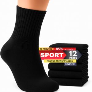 12 Pares Calcetines Deporte Hombre Mujer – Pack Calcetines Caña Media Unisex para Running, Gimnasio, Tenis, Trabajo, Uso Diario – 85 % Algodón Transpirables, Cómodos y Suaves.