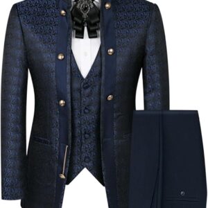 Men's Tuxedo Set, 3 Piece Suit with Floral and Paisley Print Top Quality for Men, Slim Fit Mandarin Collar Suit Groom Wedding