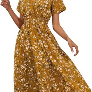 Summer Dress for Women Floral Midi Casual V Neck Elegant Short Sleeve Elastic Waist Beach Dress