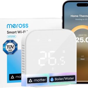 Meross WiFi Matter Heating Thermostat, WiFi Thermostat Boiler Gas Condensation, Compatible with Alexa, Google Assistant and Siri, External Sensor, Open Window Detection, Low Consumption Programmable