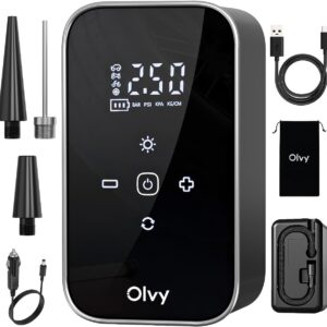 Olvy Portable Air Compressor – Cordless Tire Inflator 12 V – Rechargeable Battery 6000 mAh – Digital Display – Auto Shut Off – LED Light – for Car, Bike, Motorcycle, Ball and Mattress