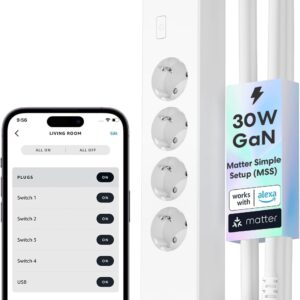 Meross Matter Smart Power Strip, WiFi Power Strip with 30W Fast Charging, Compatible with Matter, Apple HomeKit, Alexa and Google, 4 Sockets + 2 USB-A+2 USB-C, Matter Simple Setup Power Strip with 6