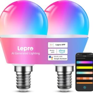 Lepro BP1 AI E14 LED Bulb, G45 Smart Bulb Alexa RGB+CCT Dimmable 4.9W 470LM, AI Lighting Designer Customized Wi-Fi Voice Control and Music Sync, Works with Google, 2Pcs