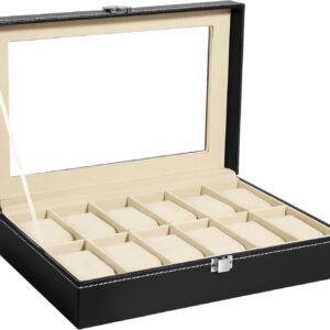 Uten Watch Box Case for Watches and Jewellers with 12 Grids, Velvet Lining Metal Buckle, Removable Watch Mat, Watch Case with Glass Cover, Valentine's Day Gift