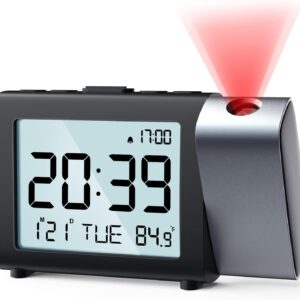 Digital Projection Alarm Clock: Clear LCD Display with 12/24H Date Temperature and Weekend Mode, Adjustable Brightness and Volume, Battery Operated Clock for Kids Elderly Bedroom(Red)