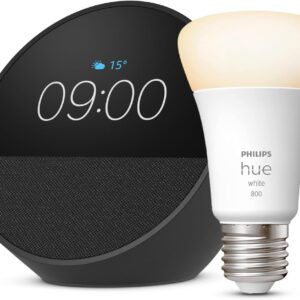 Echo Spot | Negro + Philips Hue - Bombilla led inteligente, casquillo E27, Compatible con Alexa - Kit de inicio de Hogar digital