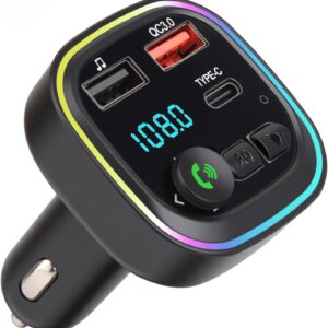 Bluetooth 5.0 FM Transmitter for Car Cigarette Lighter Adapter, Fast Charging Wireless Qc3.0 Mp3 Kit, 2 USB 5V/3A Ports and 1 Type-C Port Hands-Free Calling Support USB Cards