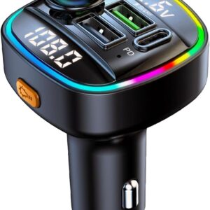 QUMOX Bluetooth 5.0 FM Transmitter for Car, C22 Adapter with PD 20W Fast Charge, Voltage Display, Large Control Knob, USB/TF Playback, Voice Assistant, Hands-free Calling