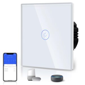 BSEED WiFi Smart Switch, Touch Switches with Glass, Compatible with Alexa, Tuya and Smart Life, Neutral Cable Required, 1 Gang 1 Way, 86 mm White