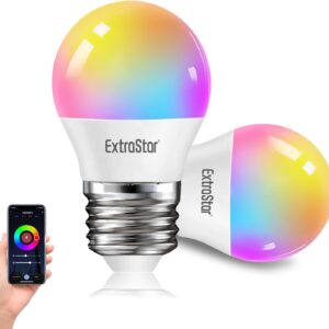EXTRASTAR Alexa LED Smart Bulb E27, 4.9W, 470lm, Dimmable Multicolor + Warm or White Light, 16 Million Colors, Works with Alexa and Google Home, 2 Pcs