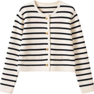 Women's Cardigan, Long Sleeve, Striped, Button, Knit, Button, Striped, Round Neck, Knitted Cardigan, Top