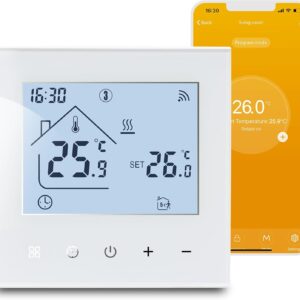 3A WiFi Boiler Heating Thermostat, Tuya Smart Digital Thermostat with Touch Screen and Voice Control, Programmable Wall Thermostats for Alexa/Google Assistant - White