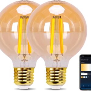 Aigostar Smart LED Bulb, Alexa LED Vintage Bulb, G80 Amber Globe Bulb, 6W 806LM, Dimmable Warm to Cool 2700K to 6500K, E27 Socket, Compatible with Alexa and Google Home, 2 Pack