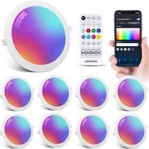 Aigostar 15W LED Downlight Smart Emportrable Ceiling, Recessed Spotlights Bluethooth Mesh Compatible with Alexa, 1430LM RGB and White Dimmable 2700-6500K, with Remote Control, IP44, F) 150-160mm, 8