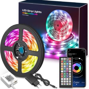 Mexllex LED Lights 15 m, RGB LED Strips Colours Room Lights with Remote Control and App Control, Change the Colour with Music, for Decoration of Bars, Parties, Kitchens