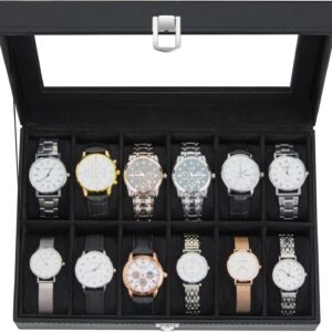 Ohuhu Watch Box with 12 Compartments, Watch Box with Glass Lid and Removable Cushion, Gift for Birthday, Father's Day, Christmas