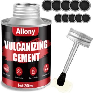 Allony Vulcanizing Glue, 250 ml Pneumatic Glue, Car Puncture Kit, 10 Patches, Quick Adhesion, Cement with Brush, Liquid Rubber for Tyre Repair Covers