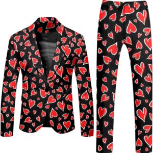 Generisch Men's 2 Piece Suit Heart Print Suit Blazer Jacket with Pants Slim Fit Wedding Suit Tuxedo Suit Men Blazer Suit Pants Suit