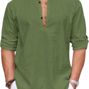 COOFANDY Cotton Long Sleeve Shirt Men's Long Sleeve Shirt with Mao Collar Regular Fit