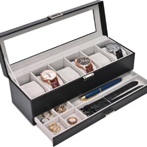 ProCase 6 Slots Watch Box with Drawer, 2 Layers Watch Organizer Case with Glass Lid, Storage Case for Men and Women -Black