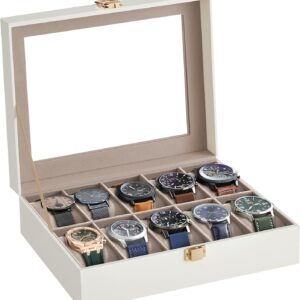 SONGMICS Watch Box with 10 Compartments, Watch Case with Glass Lid, Removable Cushion, Metal Clasp, Gift, Cloud White Synthetic Leather and Cappuccino Beige Lining JWB010W01