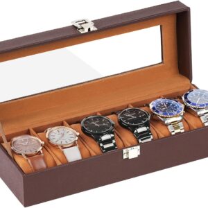 OFFCUP Watch Box with 6 Compartments, Leather Watch Box Organizer with Glass Lid and Removable Cushion, Gift for Birthdays Father's Day Christmas Men and Women (Brown)