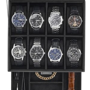 ProCase 8 Watch Box, Double Tier Watch Case with Glass Lid, Organizer for Watches, Rings and Bracelets, Ideal Gift for Christmas, Faux Leather -Black