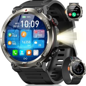 Blackview Men's Smart Watch with Flashlight and Compass, 1.45 Inch Smartwatch with Bluetooth Calls, Heart Rate Monitor, Oximeter, Sleep Monitor, Pedometer, 100+ Sports Modes, Large Battery 960 mAh