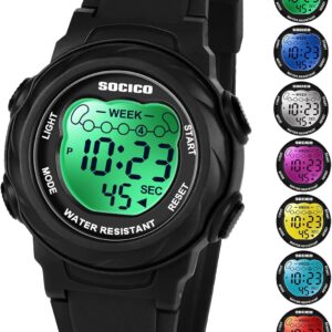 SOCICO Kids Digital Watch for Boys Girls 5ATM Water Resistant 7 Color Illuminated Kids Watch with Alarm Stopwatch for Boys Girls Age 5-12