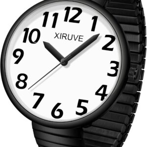 Large Number Dial Easy to Read Stainless Steel Elastic Strap Wrist Watch Quartz Analog for Women Men