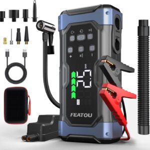 6000A Car Battery Starter with Compressor of 150 PSI, Portable Car Battery Charger 12V (Gasoline/12 L Diesel Engine) – Includes Emergency Cables and Tire Inflator