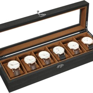 Uten Watch Box with 6 Compartments, Wooden Watch Box, Glass Lid and Cotton Silk Pillow, Brown Lining, for Display and Storage of Watches Jewelry, Ideal Gift