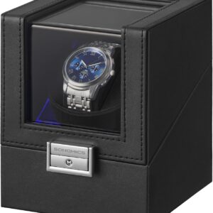SONGMICS Automatic Watch Winder with Silent Motor, for Automatic Watches, with LED Light, Adjustable Pillow, Lock, 4 Rope Settings, USB-C Charging Cable, Black JWB030B01