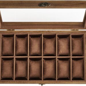 SONGMICS Watch Box with 12 Compartments, Solid Wood Watch Box with Glass Lid, Watch Cushion, Gift for Lovers, Rustic Walnut JOW120K01