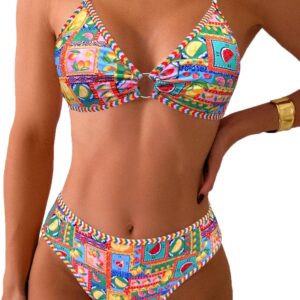 Fanuerg - Women's Triangle Bikini Underwire Floral Print 2 Piece Set with Brazilian Brief