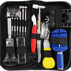 Newpop 147 Pcs Watch Repair Kit, Professional Complete Tools Watchmaker Adjustment Strap for Changing Batteries, Cap Opener, with Screwdriver, Spring Bar, Round