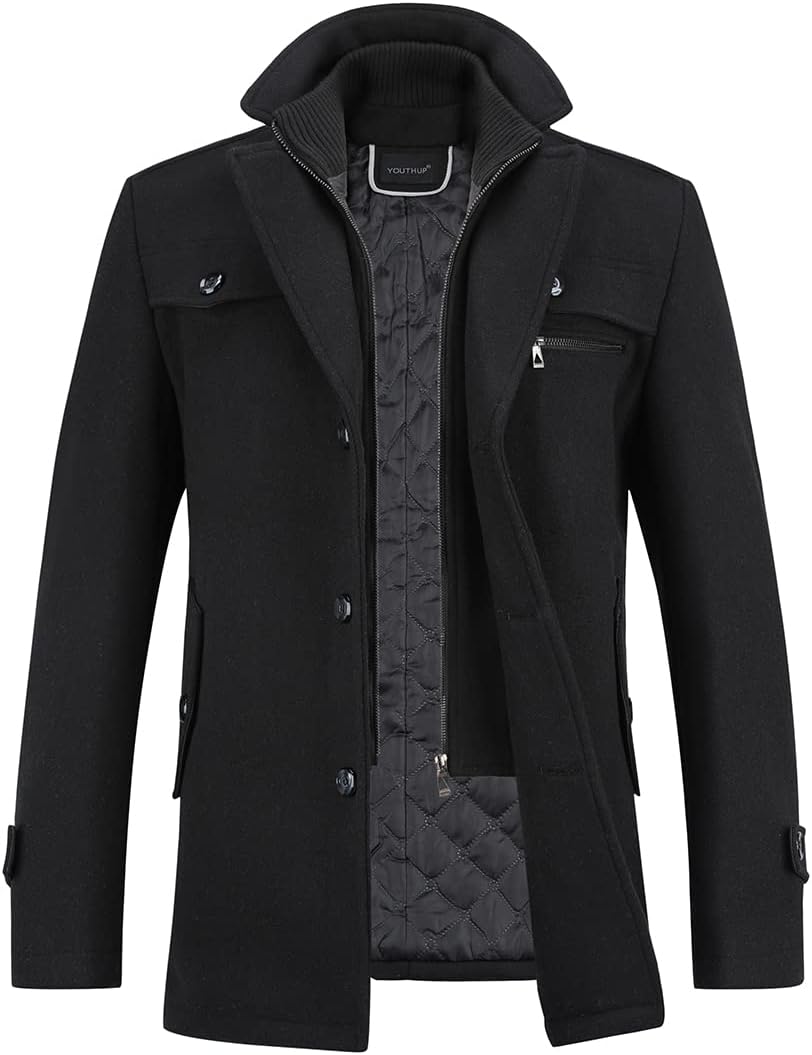 YOUTHUP Men's Wool Coat Regular Fit Winter Trench Coats Thick Trench Jackets