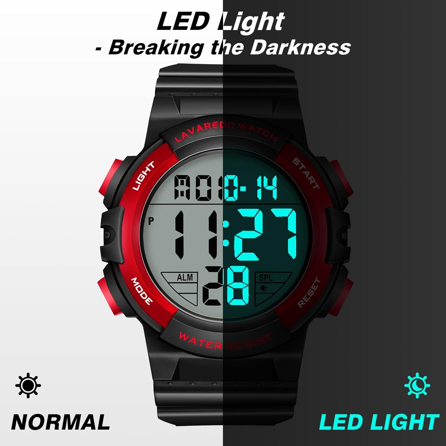 caprock Men's Digital Watches Luminous Water Resistant 5ATM Digital Sports Watch with Rubber Strap LED Display Wrist Watch Alarm Stopwatch - Imagen 5